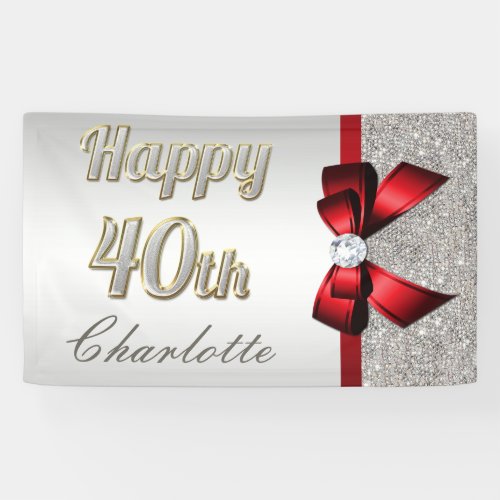 Silver Sequins Red Faux Bow 40th Birthday Banner