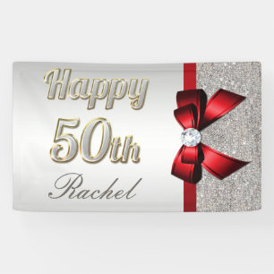 Silver Sequins Red Faux Bow 50th Birthday Banner