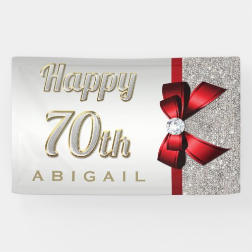 Silver Sequins Red Faux Bow 70th Birthday Banner