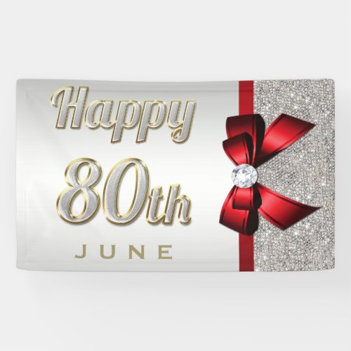 Silver Sequins Red Faux Bow 80th Birthday Banner