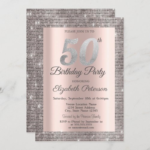Silver Sequins Rose Gold 50th Birthday Party Invitation