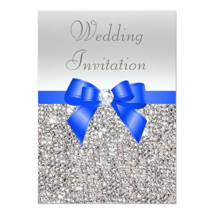 Silver Sequins Royal Blue Bow and Diamond Wedding Card