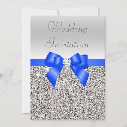 Silver Sequins Royal Blue Bow and Diamond Wedding Cards
