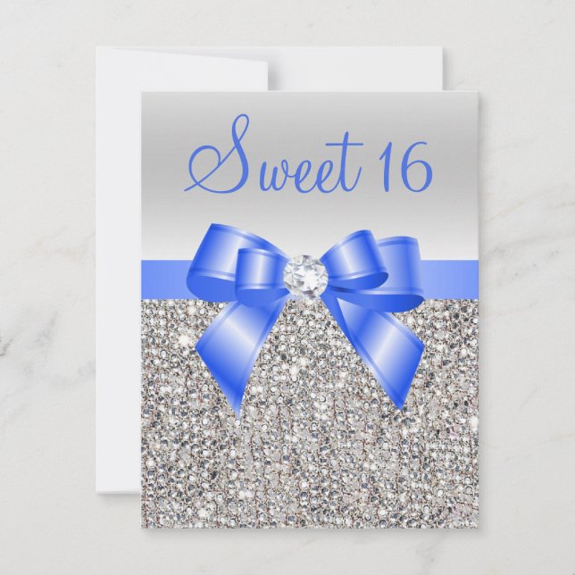 Silver Sequins Royal Blue Bow Sweet 16 Invitation (Front)