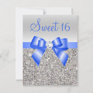 Silver Sequins Royal Blue Bow Sweet 16 Invitation
