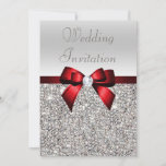 Silver Sequins Royal Red Bow And Diamond Wedding Invitation at Zazzle