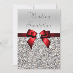 Silver Sequins Royal Red Bow and Diamond Wedding Invitation
