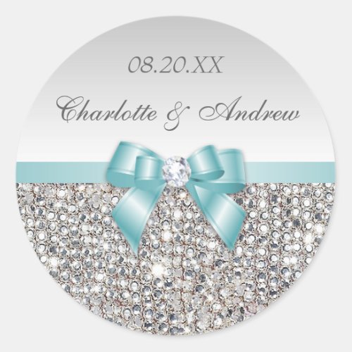 Silver Sequins Teal Bow and Diamond Wedding Classic Round Sticker