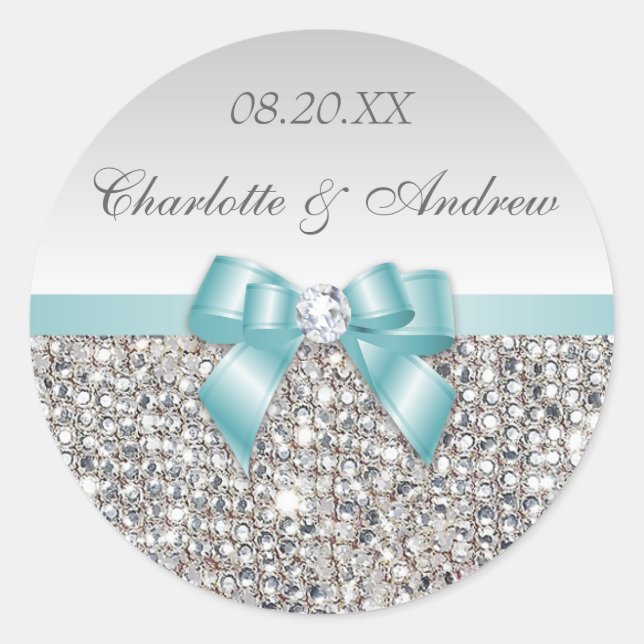 Silver Sequins Teal Bow and Diamond Wedding Classic Round Sticker (Front)