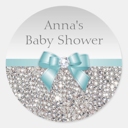 Silver Sequins Teal Bow Diamond Baby Shower Classic Round Sticker