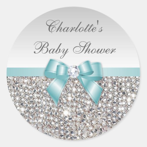 Silver Sequins Teal Bow Diamond Baby Shower Classic Round Sticker