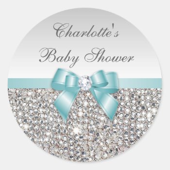 Silver Sequins Teal Bow Diamond Baby Shower Classic Round Sticker by GroovyGraphics at Zazzle