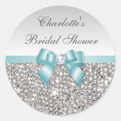 Silver Sequins Teal Bow Diamond Bridal Shower Classic Round Sticker