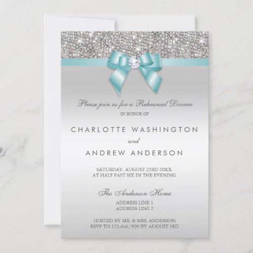 Silver Sequins Teal Bow Wedding Rehearsal Dinner Invitation