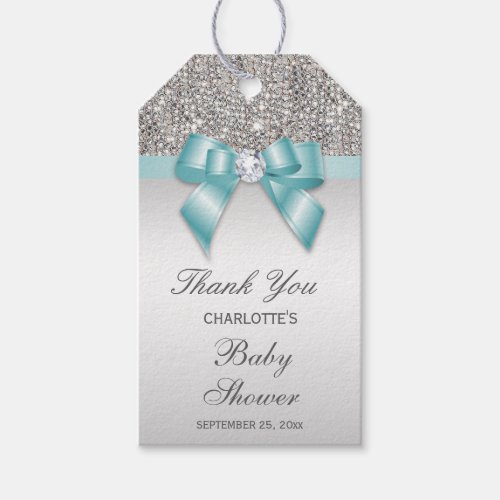 Silver Sequins Teal Diamond Bow Baby Shower Gift Tags