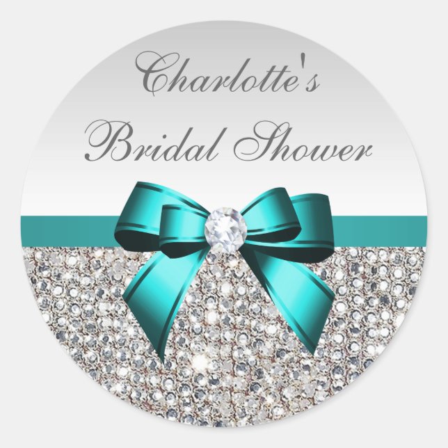 Silver Sequins Teal Diamond Bow Bridal Shower Classic Round Sticker (Front)