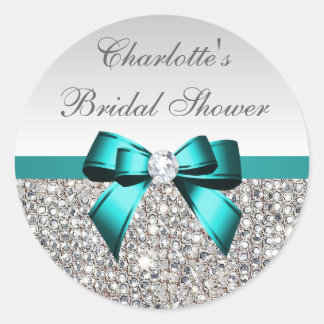 Silver Sequins Teal Diamond Bow Bridal Shower Classic Round Sticker