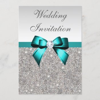 Silver Sequins Vibrant Teal Diamond Bow Wedding Invitation by GroovyGraphics at Zazzle
