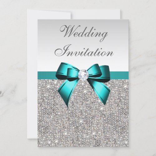 Silver Sequins Vibrant Teal Diamond Bow Wedding Invitation