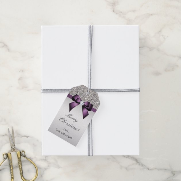 Silver Sequins Violet Diamond Bow Christmas Gift Tags