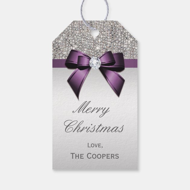 Silver Sequins Violet Diamond Bow Christmas Gift Tags