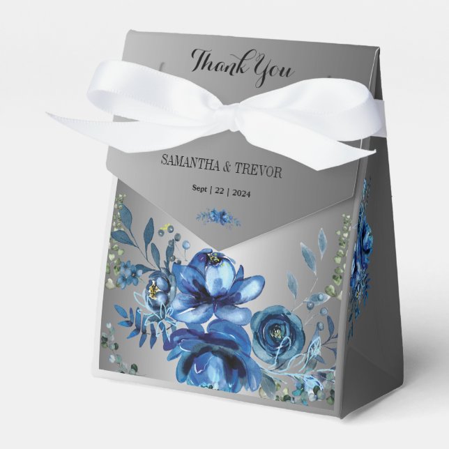 Silver Serenity: Blue Floral Bliss Favor Boxes (Front Side)