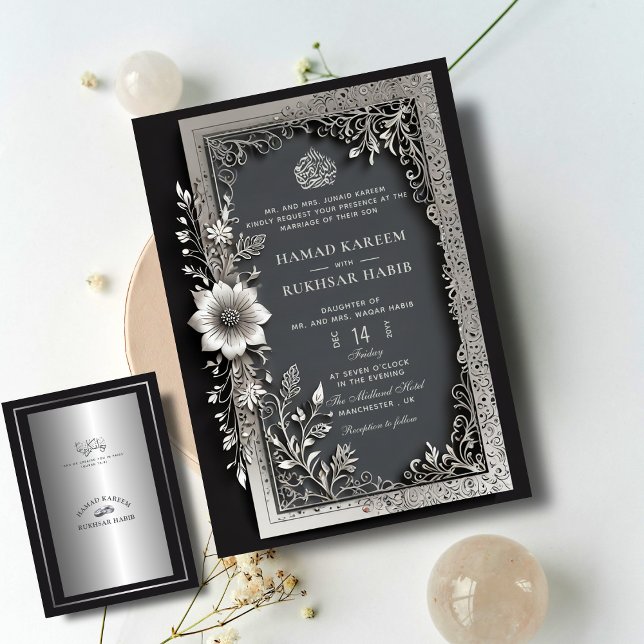 Silver Serenity & Floral Elegance Islamic Wedding Invitation (Creator Uploaded)