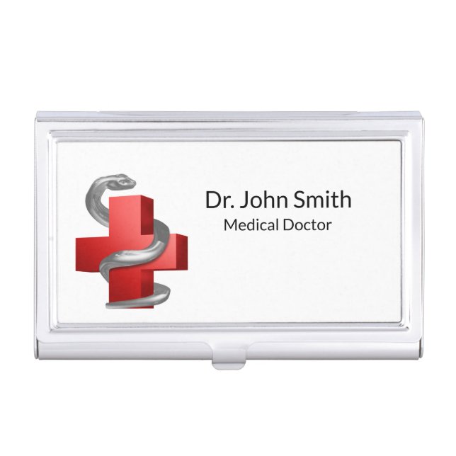 Silver Serpent Snake Red Medical Cross Symbol Business Card Case (Front)
