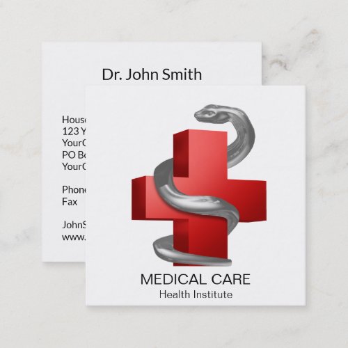 Silver Serpent Snake Red Medical Cross Symbol Square Business Card