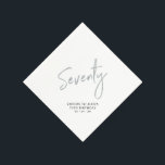 Silver Seventy Modern Adult 70th Birthday Party Napkins<br><div class="desc">This custom paper napkin will add stylish detail to your 70th birthday celebration. This design features simple chic silver lettering "Seventy" with custom text. Matching invitations and party supplies are available in my shop BaraBomDesign.</div>