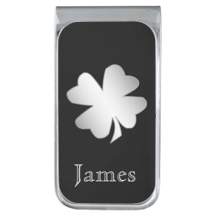 Silver Shamrock on Black Personalized Finish Money Clip