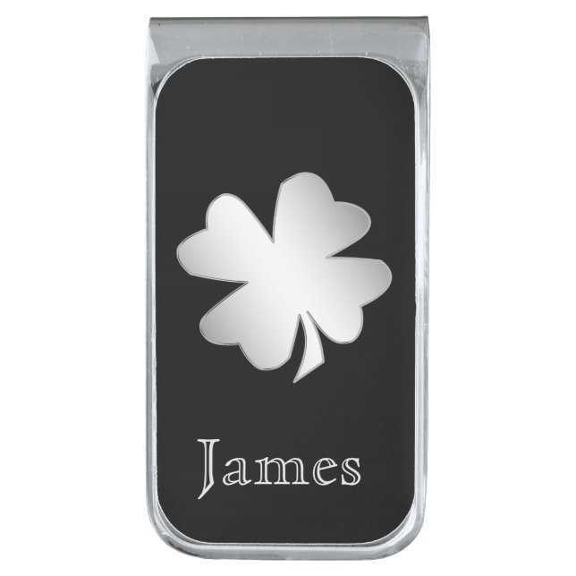 Silver Shamrock on Black Personalized Finish Money Clip (Front Vertical)