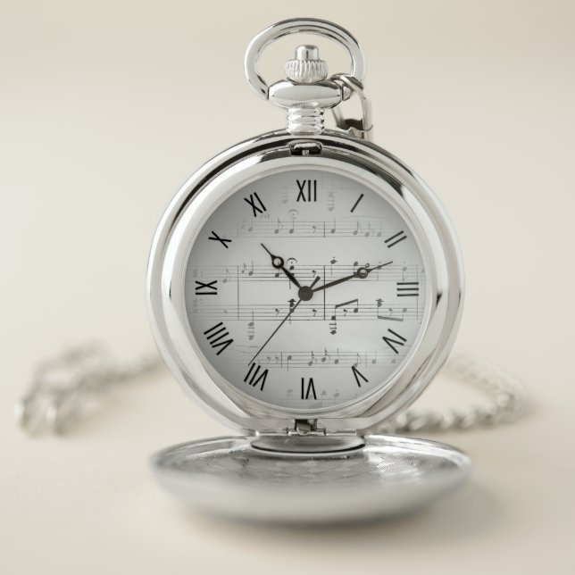 Silver Sheet Music Black Roman Numerals Pocket Watch (Inside)