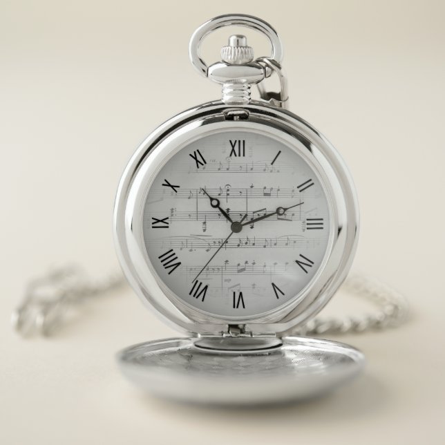 Silver Sheet Music Black Roman Numerals Pocket Watch (Inside)