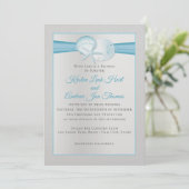 Silver Shells Tropical Blue Beach Wedding Invitation (Standing Front)