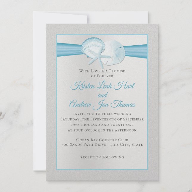 Silver Shells Tropical Blue Beach Wedding Invitation (Front)