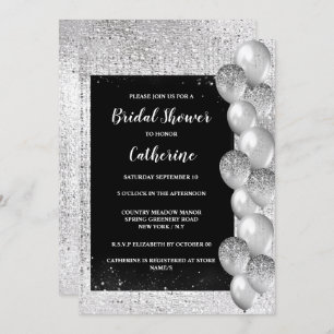 Silver shimmer balloon on black luxurious elegant invitation