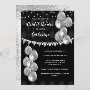 Silver shimmer balloon on black string lights chic invitation