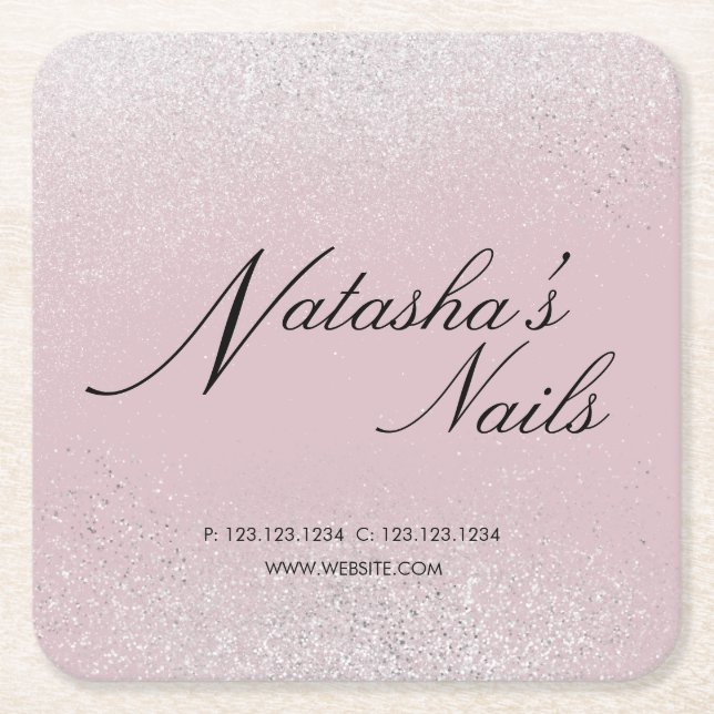 Silver Shimmer Dust and Pink Square Paper Coaster (Front)