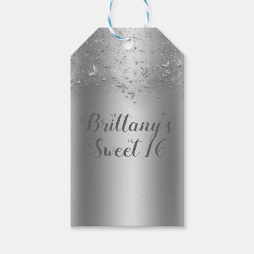 Silver Shimmer Flutter Butterfly Sweet 16 Party Gift Tags