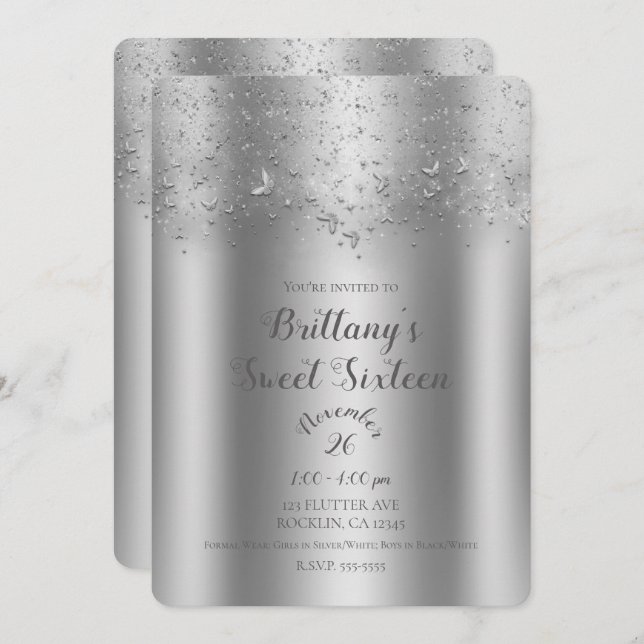 Silver Shimmer Flutter Butterfly Sweet 16 Party Invitation (Front/Back)