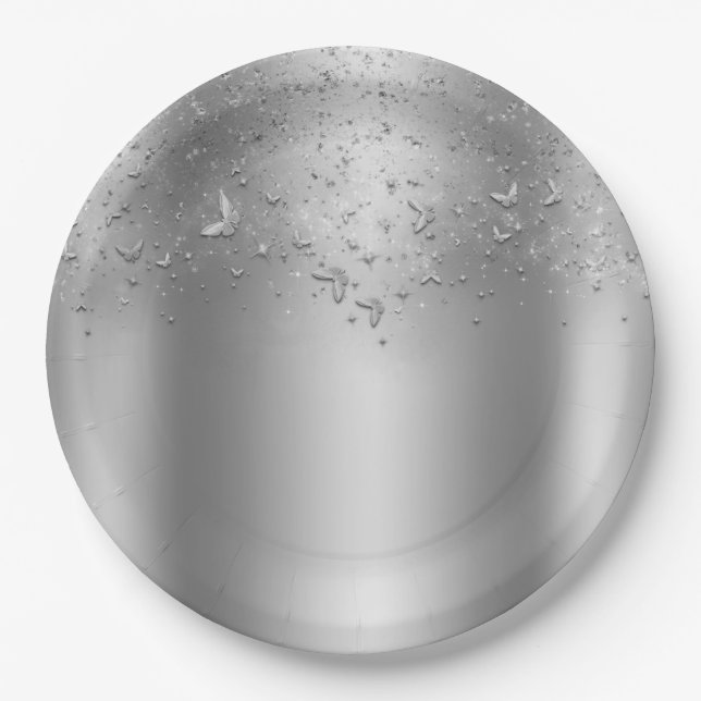 Silver Shimmer Flutter Butterfly Sweet 16 Party Paper Plates (Front)