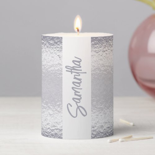 Silver shimmer name metallic foil pattern elegant pillar candle