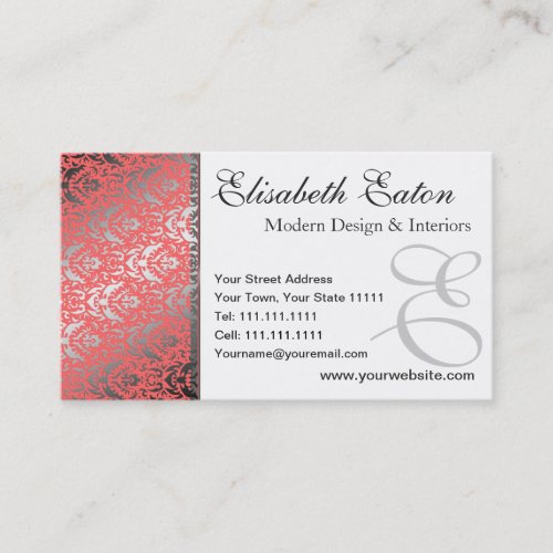 Silver Shimmer Peach Damask Elegant Woman's Business Card Template