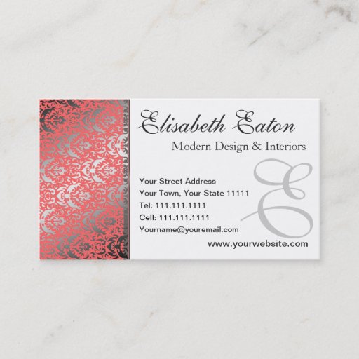 Customizable Silver Shimmer Peach Damask Elegant Woman's Business Card Template