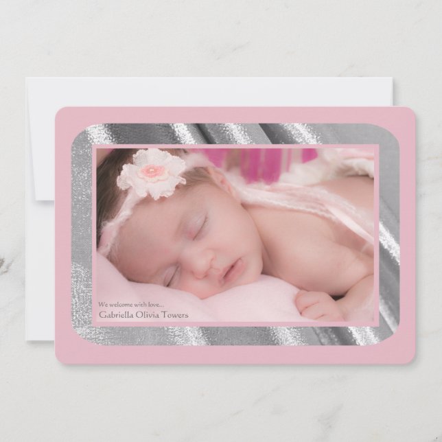 Silver Shimmer Photo Pink Birth Announcement (Front)