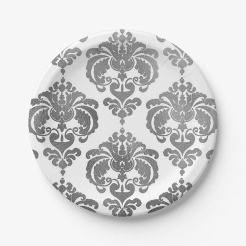 Silver Shine  White Damask Vintage Wedding Event Paper Plates