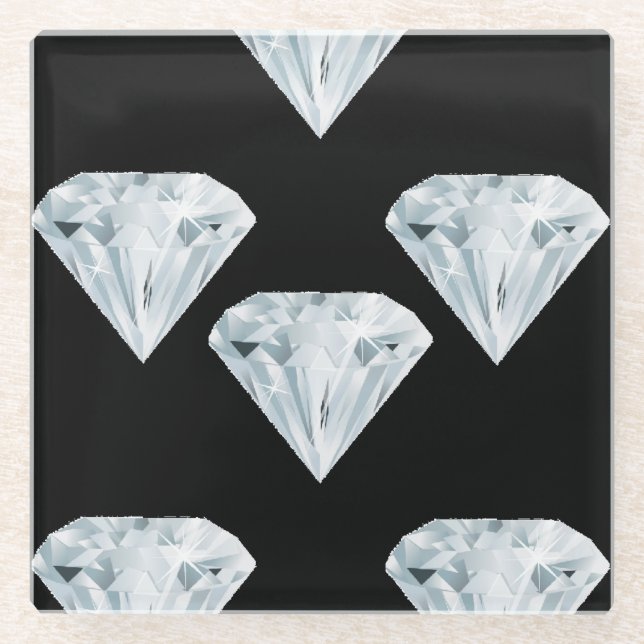 Silver shiny diamonds on black glass coaster (Front)