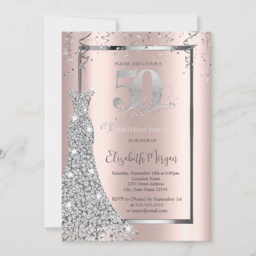 Silver Shiny Dress Rose Gold 50th Birthday Invitation