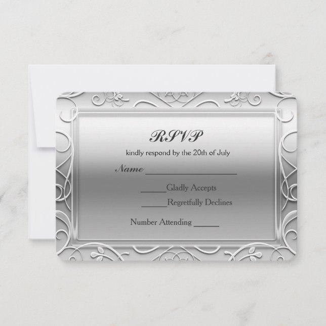 Silver Shiny Elegant Glamour Wedding RSVP Card (Front)